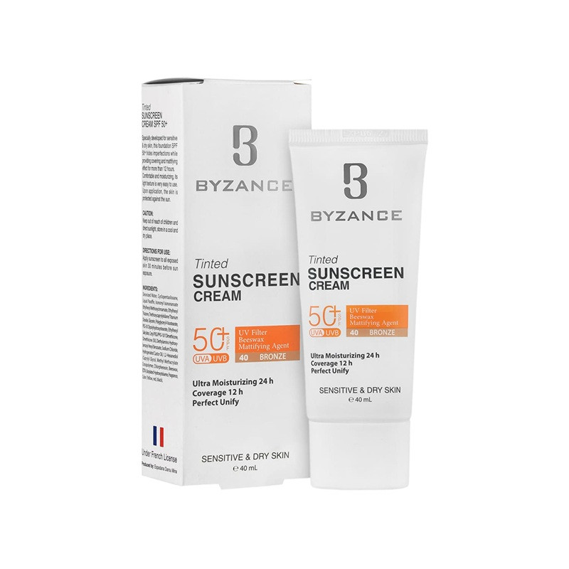 کرم ضد آفتاب رنگی صورت بیزانس SPF 50 مدل Bronze 40 محافظ در برابر UVA/UVB مناسب برای پوست حساس و خشک حجم 40 میلیلیتر