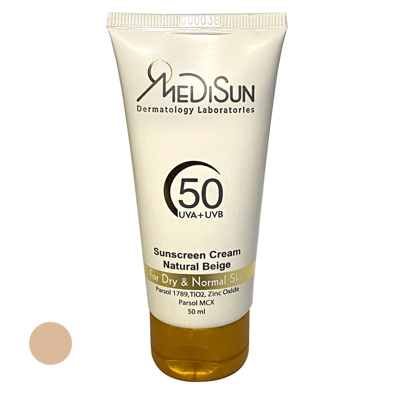 کرم ضد آفتاب رنگی مدیسان SPF50 مدل UVA+UVB مناسب پوست های خشک و معمولی حجم 50 میلی لیتر