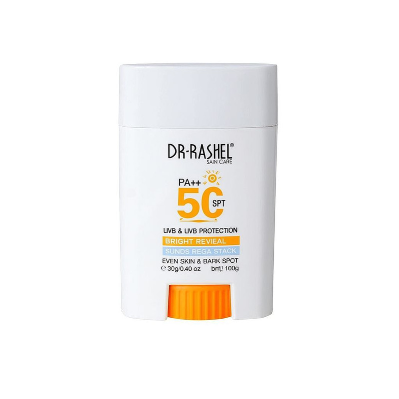 لوسیون ضد آفتاب استیکی بدون رنگ دکتر راشل spf50 مدل bright reveal محافظ UVA،UVB مناسب برای انواع پوست حجم 20 میلی لیتر