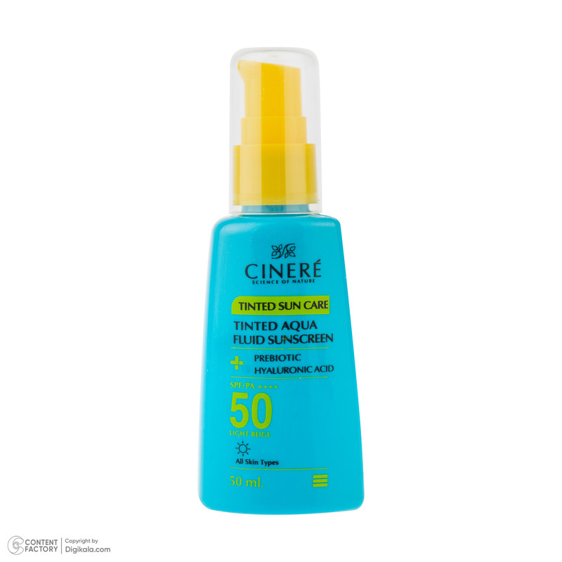 فلوئید ضد آفتاب رنگی بژ روشن صورت سینره SPF 50 مدل AQUA محافظ UVA ،UVB و ++++PA مناسب برای انواع پوست حجم 50 میلیلیتر