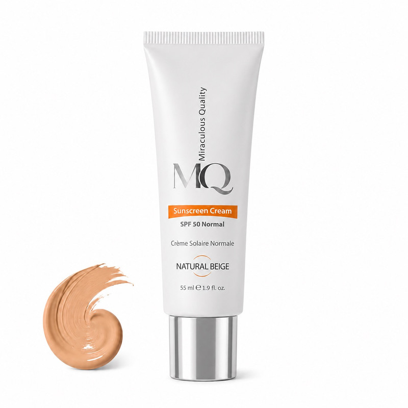 کرم ضد آفتاب رنگی ام کیو SPF 50 مدل NATURAL BEIGE محافظ UVA ،UVB و PA+++،مناسب برای پوست نرمال حجم ۵۵ میلیلیتر