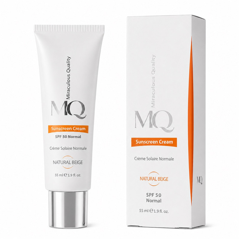 کرم ضد آفتاب رنگی ام کیو SPF 50 مدل NATURAL BEIGE محافظ UVA ،UVB و PA+++،مناسب برای پوست نرمال حجم ۵۵ میلیلیتر