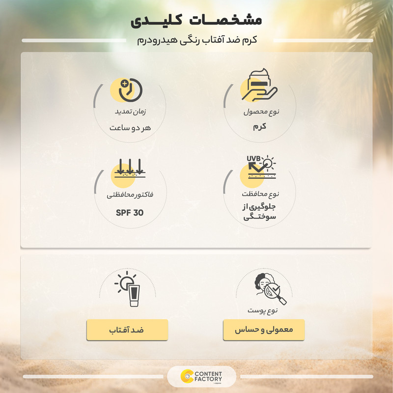 کرم ضدآفتاب رنگی هیدرودرم مدل SPF30، مناسب پوستهای معمولی و حساس، حجم 50 میلیلیتر