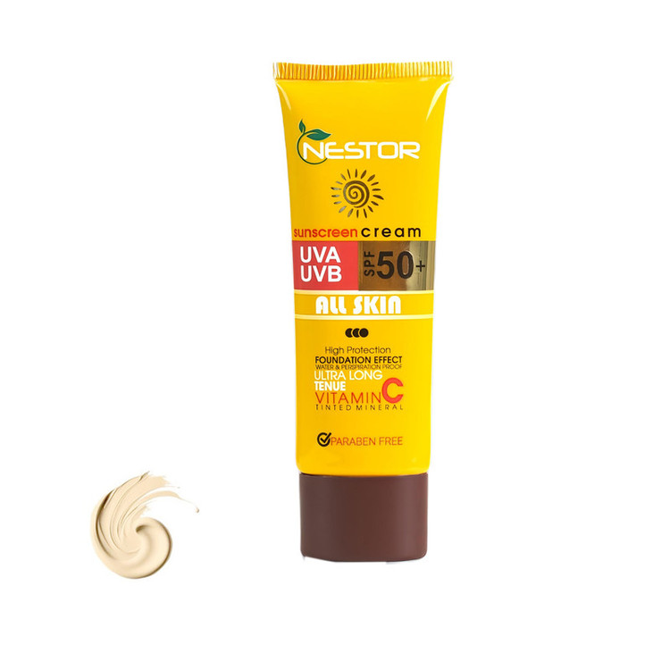 کرم ضد آفتاب رنگی نستور SPF 50 مدل All skin 01 محافظ UVB و UVA و PA+++ مناسب برای انواع پوست خشک و نرمال حجم 50 میلی لیتر