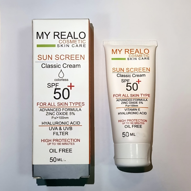 كرم ضدآفتاب بي رنگ دست،صورت،گردن،بدن مايرئالو SPF 50 مدل كلاسيك محافظ در برابر اشعه UVA و UVB مناسب براي انواع پوست حجم ٥٠ ميلي ليتر