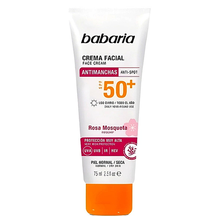 کرم ضد آفتاب بیرنگ صورت باباریا SPF 50 مدل Rose Mosqueta محافظ UVA و UVB مناسب برای پوست معمولی و خشک حجم 75 میلیلیتر