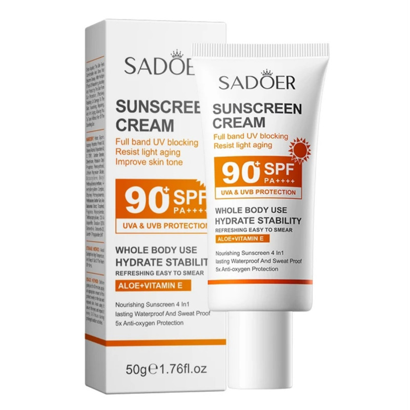 کرم ضد آفتاب بدون رنگ صورت و بدن سادور SPF 90 مدل آلوئه ورا محافظ UVA ،UVB و PA++++ مناسب برای انواع پوست وزن 50 گرم