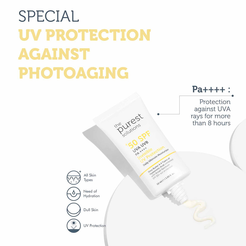 کرم ضد آفتاب بیرنگ صورت پیورست سولوشن SPF 50 مدل Invisible UV Protection محافظ در برابر UVA + UVB مناسب برای انواع پوست حجم 50 میلیلیتر