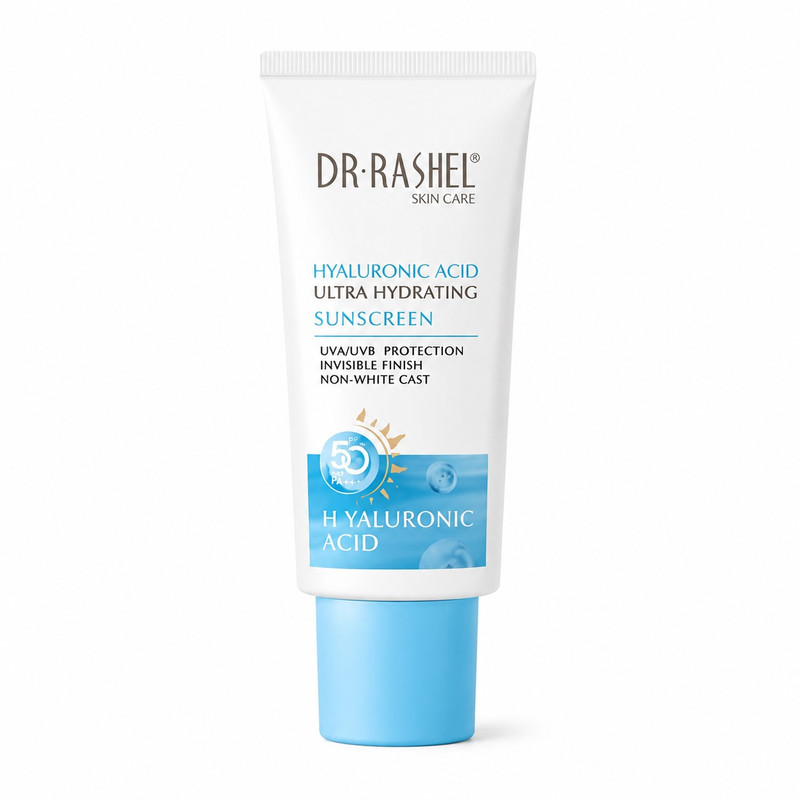 کرم ضد آفتاب بیرنگ صورت دکتر راشل SPF 50 مدل هیالورونیک اسید محافظ در برابر اشعه UVA و UVB مناسب برای انواع پوست حجم 50 میلیلیتر