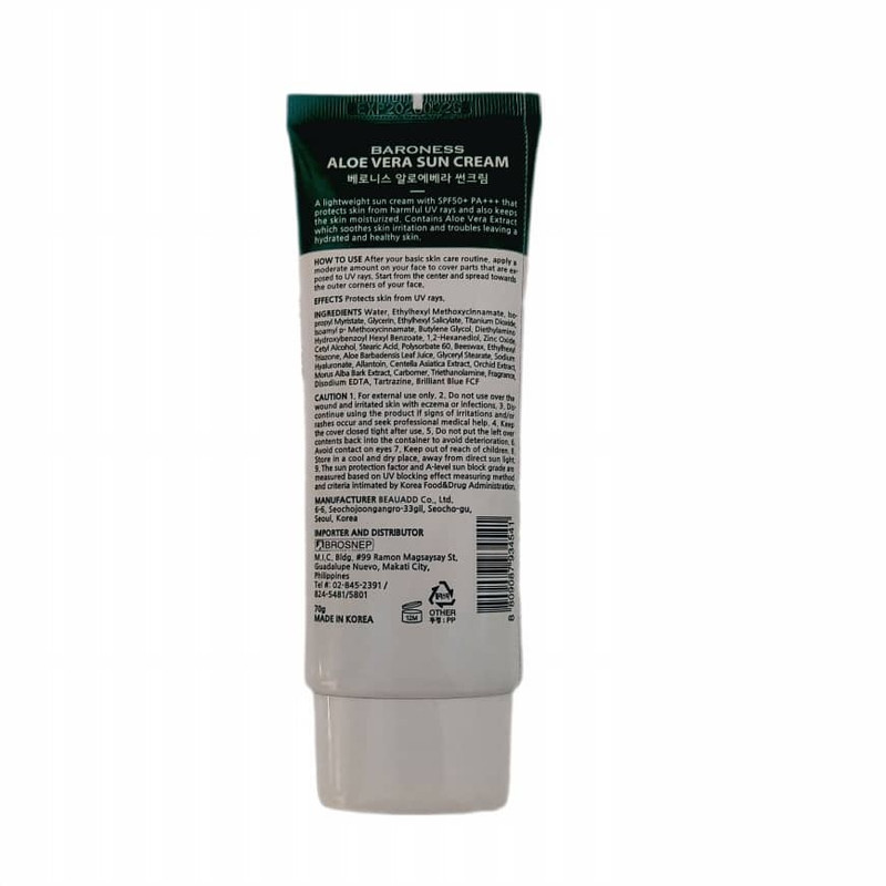 کرم ضد آفتاب بیرنگ صورت بارونس SPF 50 مدل آلوئه ورا محافظ UVA،UVB مناسب برای پوست چرب و مختلط وزن 70 گرم