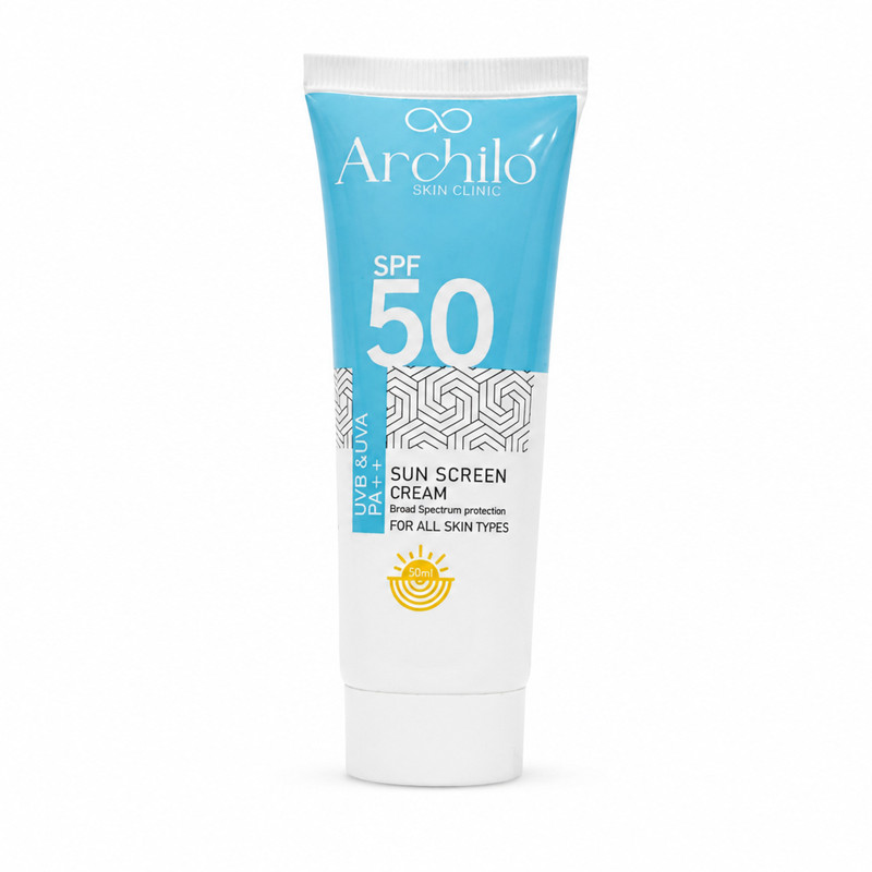 کرم ضدآفتاب بی رنگ SPF50 آرچیلو مدل PA++ محافظ در برابر UVA , UVB مناسب پوست خشک حجم 50 میلی لیتر