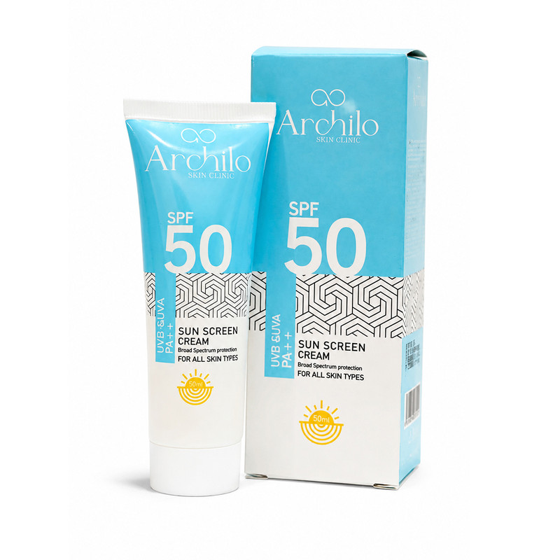 کرم ضدآفتاب بی رنگ SPF50 آرچیلو مدل PA++ محافظ در برابر UVA , UVB مناسب پوست خشک حجم 50 میلی لیتر