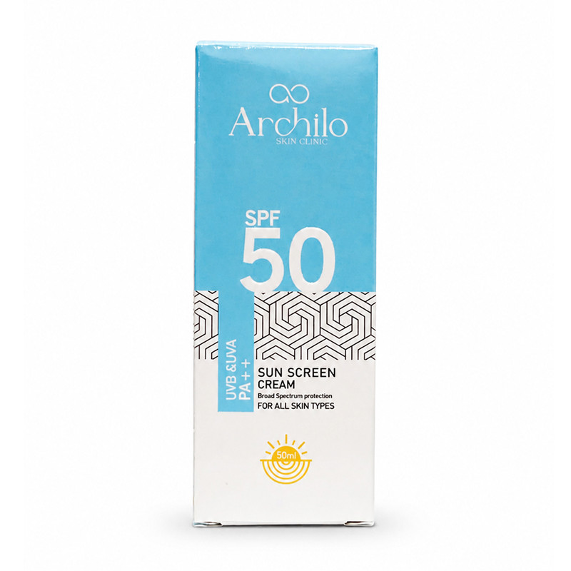 کرم ضدآفتاب بی رنگ SPF50 آرچیلو مدل PA++ محافظ در برابر UVA , UVB مناسب پوست خشک حجم 50 میلی لیتر