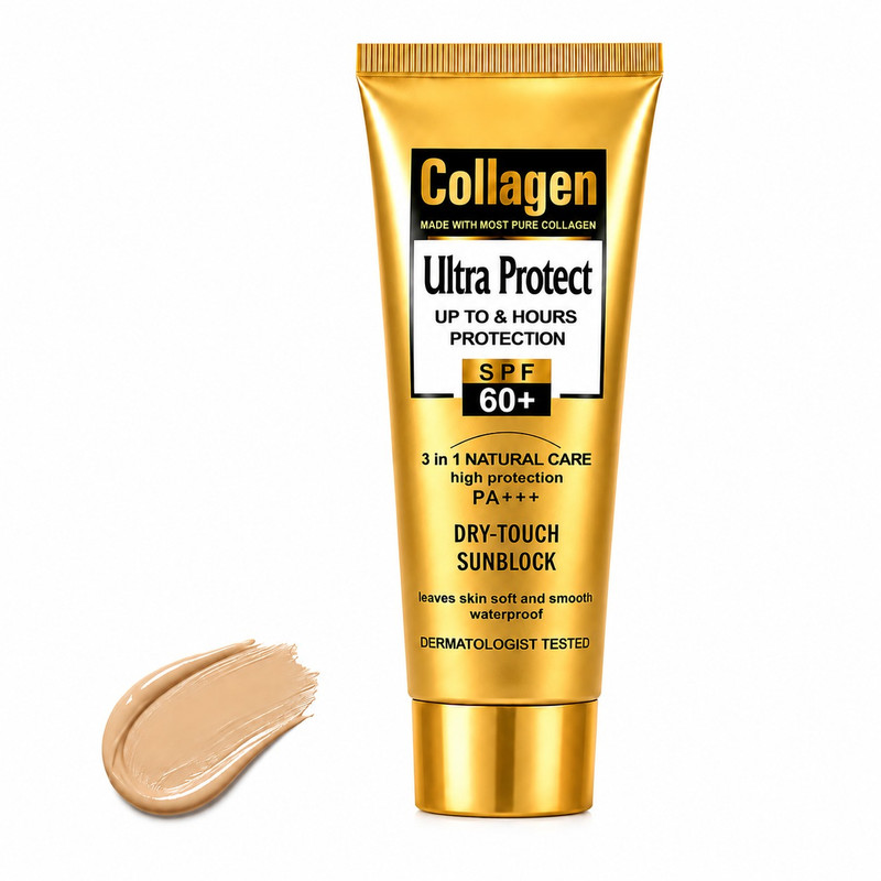 کرم ضد آفتاب رنگی کلاژن SPF60 مناسب دست و صورت مدل Ultra Protect محافظت کننده در برابر اشعه UVA و UVB مناسب برای انواع پوست حجم 100 میلی لیتر