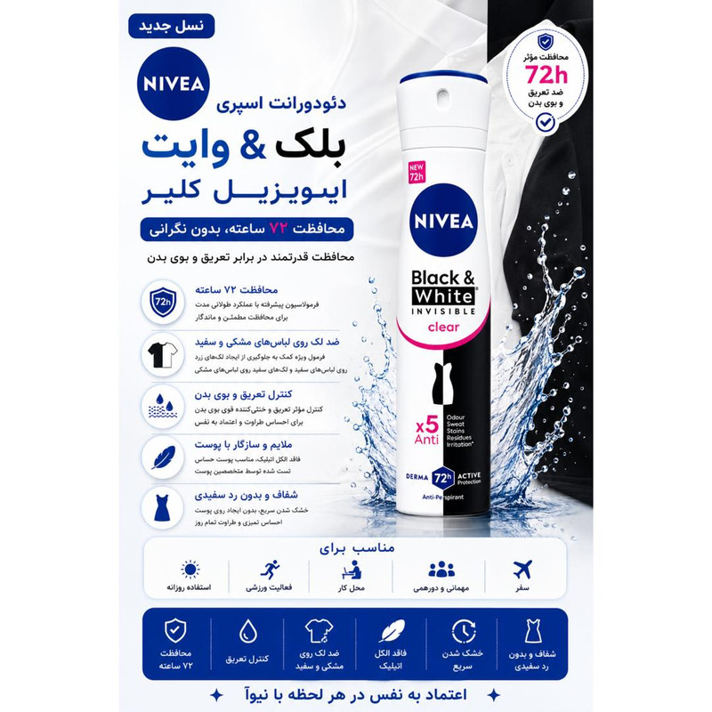 اسپری ضدتعریق زنانه نیوآ مدل 48H Black White Invisible Clear حجم 200 میلیلیتر