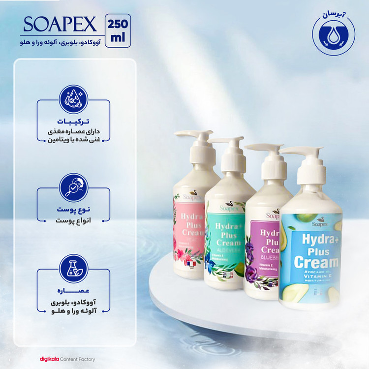 کرم آبرسان سوپکس مدل آووکادو، بلوبری، آلوئهورا و هلو وزن 250 گرم مجموعه 4 عددی