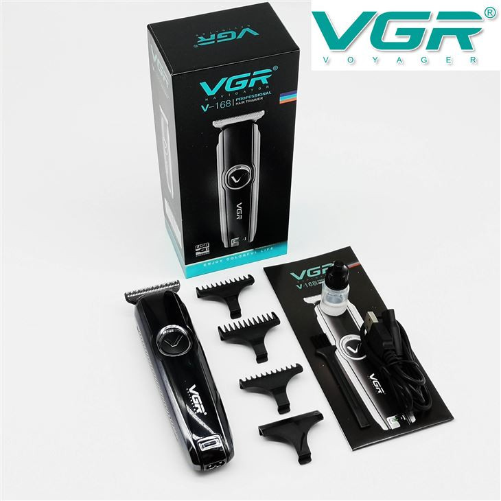 ماشین اصلاح موی بدن و صورت وی جی ار مدل V-168 با تیغه استیل ضد زنگ، طراحی ارگونومیک، شارژ USB، قابلیت تنظیم سرعت و شانه قابل تنظیم دستی