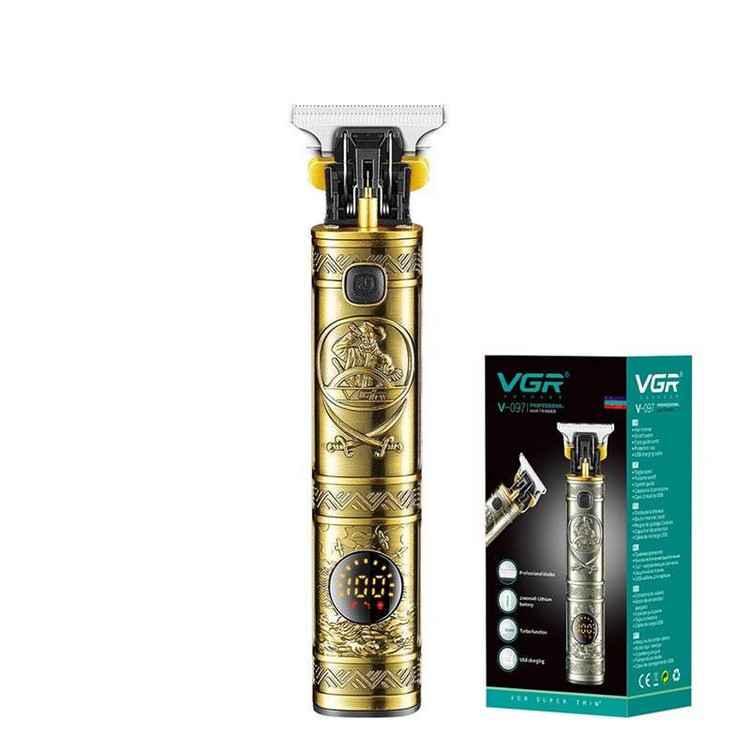ماشین اصلاح موی صورت وی جی ار مدل V-097 با تیغه استیل ضد زنگ، موتور 6500 دور در دقیقه، قابلیت تنظیم سرعت، عملکرد توربو، نمایش وضعیت باتری و سه عدد شانه در سایزهای 1، 2 و 3 میلیمتر