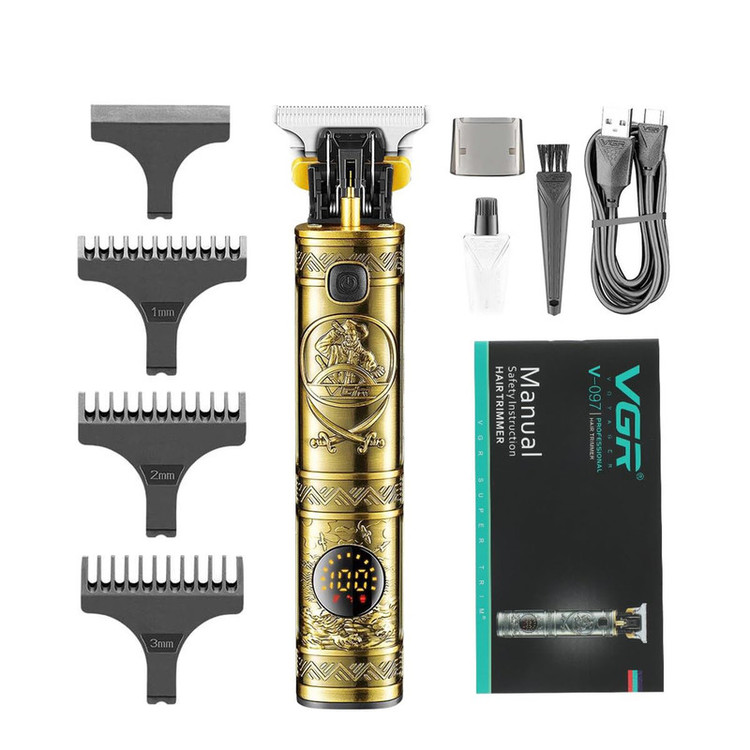 ماشین اصلاح موی صورت وی جی ار مدل V-097 با تیغه استیل ضد زنگ، موتور 6500 دور در دقیقه، قابلیت تنظیم سرعت، عملکرد توربو، نمایش وضعیت باتری و سه عدد شانه در سایزهای 1، 2 و 3 میلیمتر