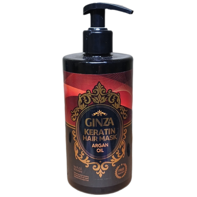 ماسک مو ترمیمکننده گینزا مدل کراتین آرگان حجم 500 میلیلیتر، حاوی کراتین و بدون سولفات، سازگار با موهای کراتین شده