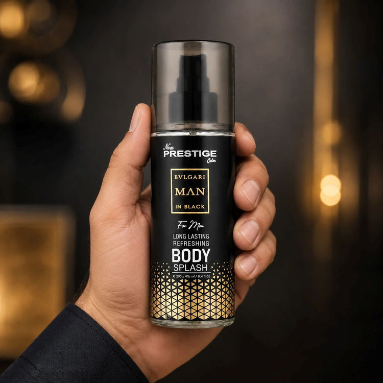 بادی اسپلش مردانه نیو پرستیژ کالر مدل BVLGARI MAN IN BLACK حجم 200 میلیلیتر
