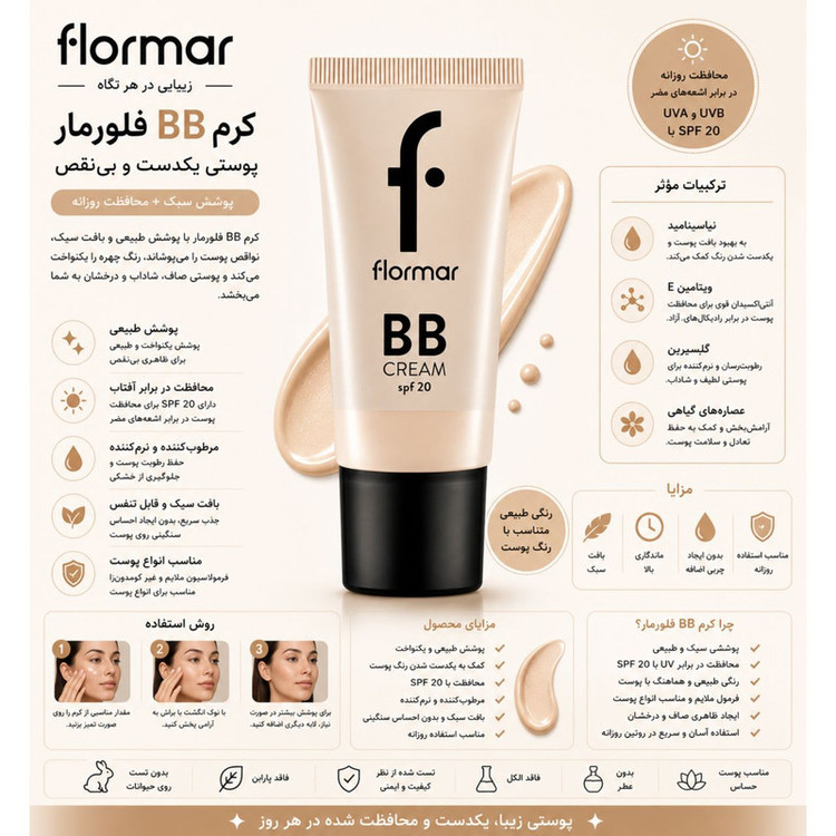 کرم پودر BB فلورمار 20 Spf مدل Fair Light BB02 شماره 02 مناسب انواع پوست حجم 35 میلیلیتر