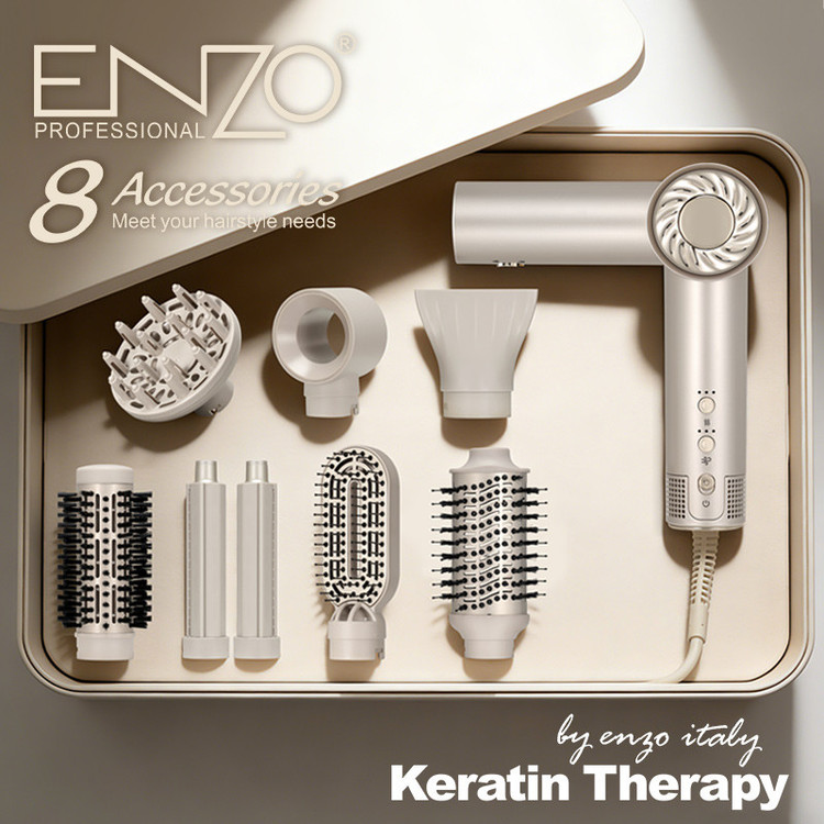 سشوار حرفهای برسدار انزو پروفیشینال مدل EN-6208 با توان 1500 وات، موتور BLDC، تنظیم دما و سرعت سه حالته، 8 سری متنوع برای حالتدهی، فرکردن، صاف کردن و حجمدهندگی، خشککنندگی قوی و کاهش وز مو