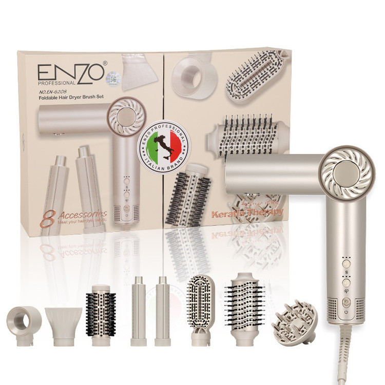 سشوار حرفهای برسدار انزو پروفیشینال مدل EN-6208 با توان 1500 وات، موتور BLDC، تنظیم دما و سرعت سه حالته، 8 سری متنوع برای حالتدهی، فرکردن، صاف کردن و حجمدهندگی، خشککنندگی قوی و کاهش وز مو