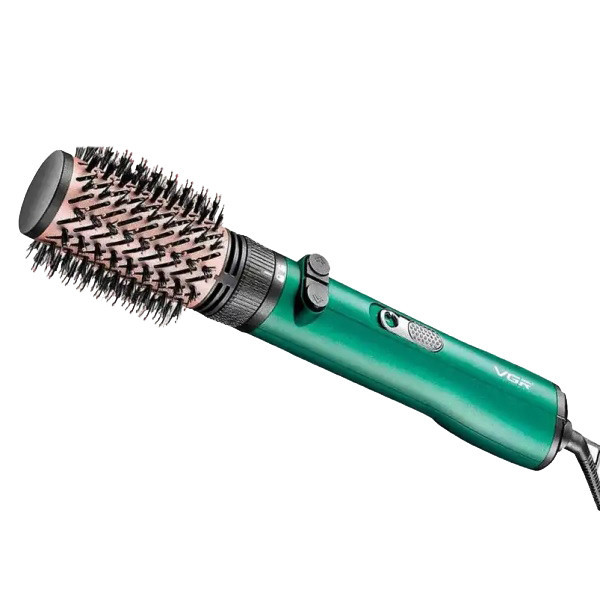 سشوار برسدار چرخشی 1200 وات وی جی ار مدل v-498، موتور DC، وزن 500 گرم، دارای سری برسدار گرد باریک، سری برسدار گرد پهن با ویژگی صافکنندگی، حجمدهندگی، با قابلیت باد سرد، فناوری تولید یون