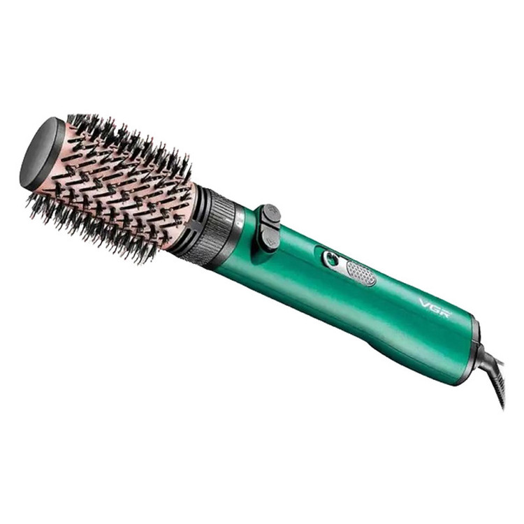 سشوار برسدار چرخشی 1200 وات وی جی ار مدل v-498، موتور DC، وزن 500 گرم، دارای سری برسدار گرد باریک، سری برسدار گرد پهن با ویژگی صافکنندگی، حجمدهندگی، با قابلیت باد سرد، فناوری تولید یون