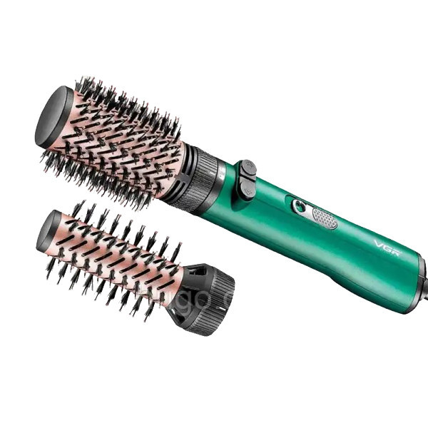 سشوار برسدار چرخشی 1200 وات وی جی ار مدل v-498، موتور DC، وزن 500 گرم، دارای سری برسدار گرد باریک، سری برسدار گرد پهن با ویژگی صافکنندگی، حجمدهندگی، با قابلیت باد سرد، فناوری تولید یون