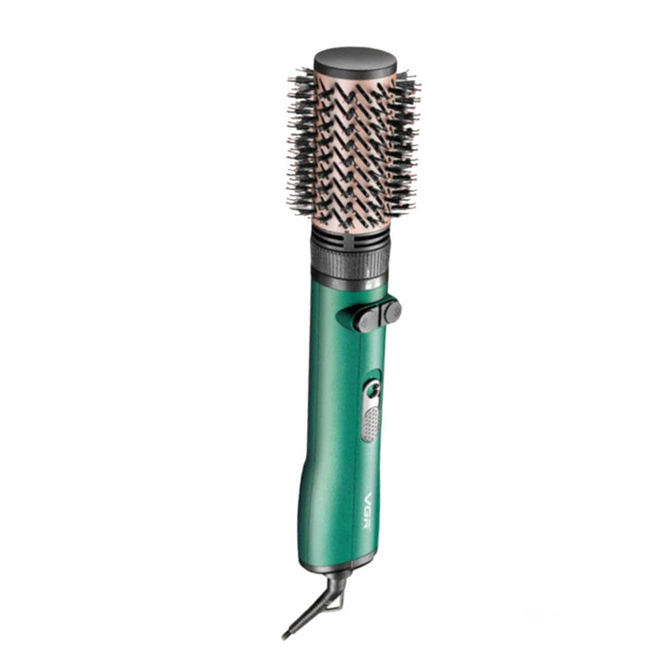 سشوار برسدار چرخشی 1200 وات وی جی ار مدل v-498، موتور DC، وزن 500 گرم، دارای سری برسدار گرد باریک، سری برسدار گرد پهن با ویژگی صافکنندگی، حجمدهندگی، با قابلیت باد سرد، فناوری تولید یون