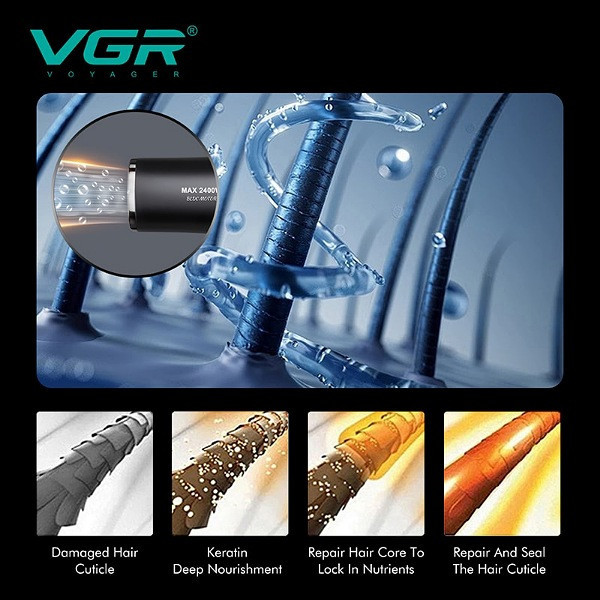 سشوار حرفهای وی جی ار مدل VGR V-469 با توان 2400 وات، موتور BLDC، نمایشگر دیجیتال دما و سرعت، چهار حالت تنظیم دما، سه سرعت، تولید یون منفی، دو نازل متمرکزکننده، هوای سرد فوری و دسته ارگونومیک