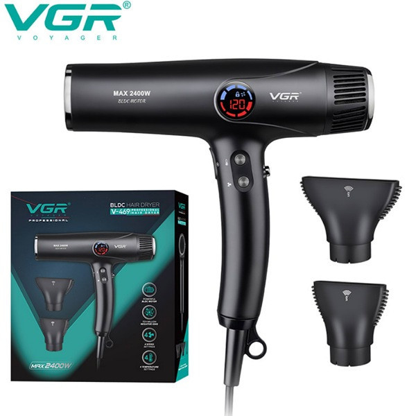 سشوار حرفهای وی جی ار مدل VGR V-469 با توان 2400 وات، موتور BLDC، نمایشگر دیجیتال دما و سرعت، چهار حالت تنظیم دما، سه سرعت، تولید یون منفی، دو نازل متمرکزکننده، هوای سرد فوری و دسته ارگونومیک