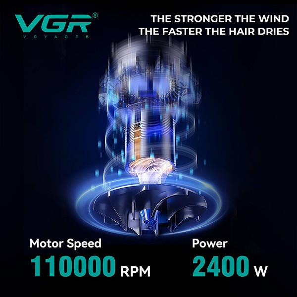 سشوار حرفهای وی جی ار مدل VGR V-469 با توان 2400 وات، موتور BLDC، نمایشگر دیجیتال دما و سرعت، چهار حالت تنظیم دما، سه سرعت، تولید یون منفی، دو نازل متمرکزکننده، هوای سرد فوری و دسته ارگونومیک