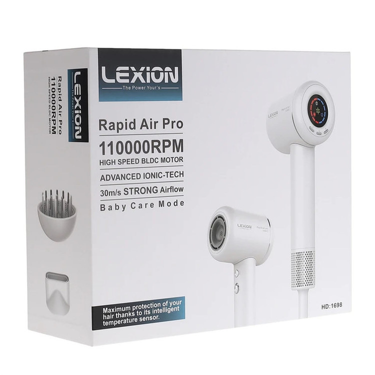 سشوار حرفهای 1600 وات لکسیون مدل Rapid Air Pro HD:1698، موتور BLDC وزن 500 گرم، المنت فلز، دارای سری دیسپانسر، متمرکزکننده پهن با ویژگی صافکنندگی، حجمدهندگی، با قابلیت عملکرد توربو با سرعت 110 هزار در دقیقه
