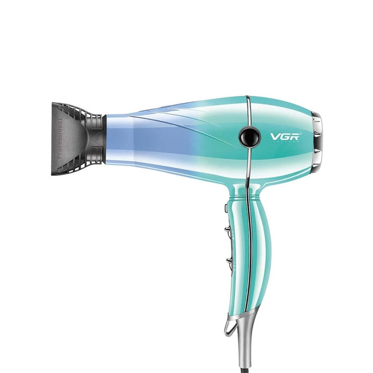 سشوار حرفهای 2000 وات وی جی ار مدل V-452، موتور AC، وزن 900 گرم، دارای سری متمرکزکننده باریک با ویژگی صافکنندگی، حجمدهندگی، با قابلیت باد سرد