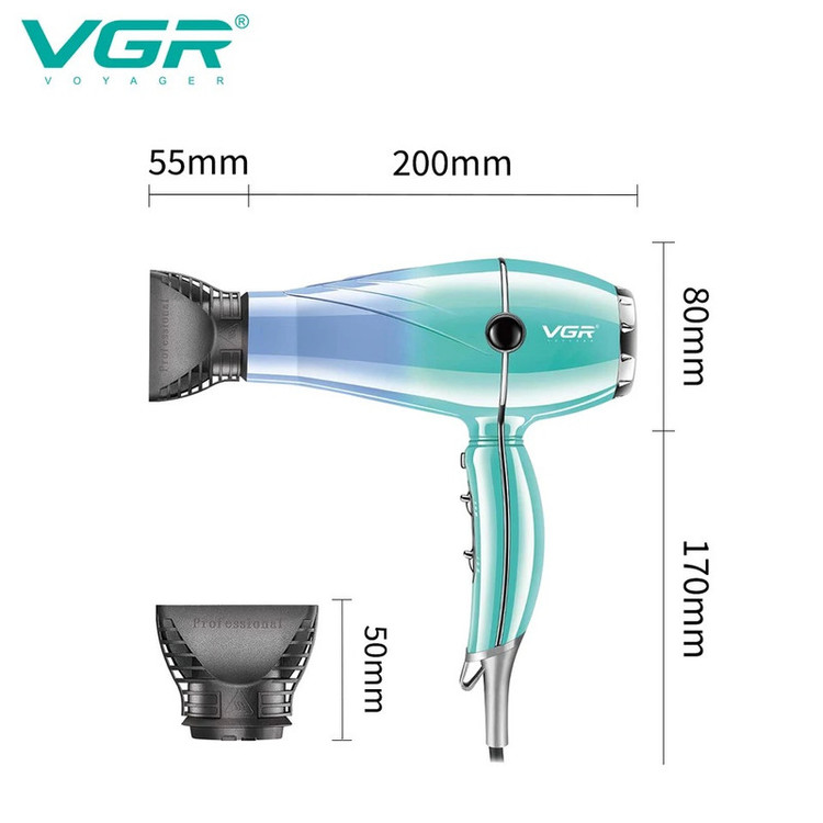 سشوار حرفهای 2000 وات وی جی ار مدل V-452، موتور AC، وزن 900 گرم، دارای سری متمرکزکننده باریک با ویژگی صافکنندگی، حجمدهندگی، با قابلیت باد سرد