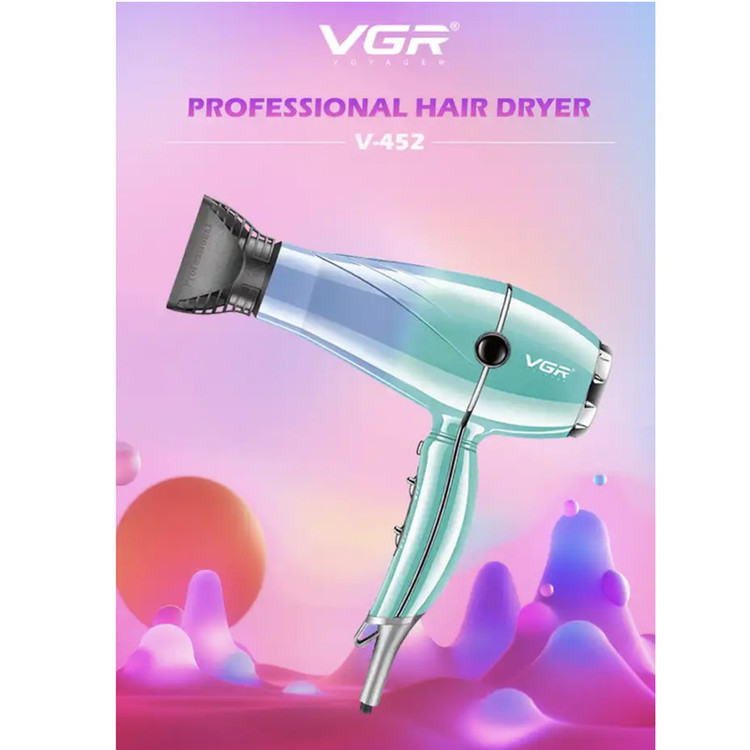 سشوار حرفهای 2000 وات وی جی ار مدل V-452، موتور AC، وزن 900 گرم، دارای سری متمرکزکننده باریک با ویژگی صافکنندگی، حجمدهندگی، با قابلیت باد سرد