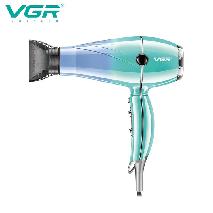سشوار حرفهای 2000 وات وی جی ار مدل V-452، موتور AC، وزن 900 گرم، دارای سری متمرکزکننده باریک با ویژگی صافکنندگی، حجمدهندگی، با قابلیت باد سرد