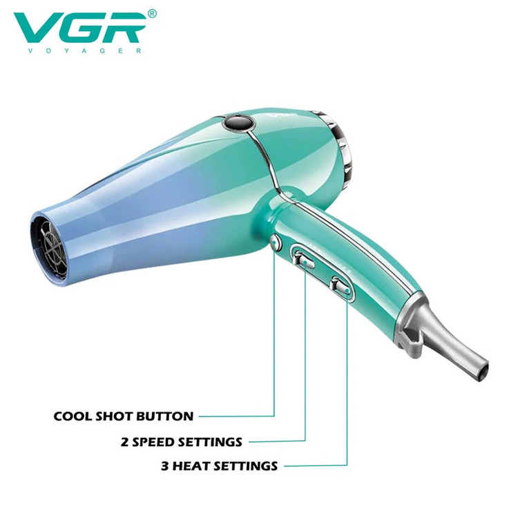سشوار حرفهای 2000 وات وی جی ار مدل V-452، موتور AC، وزن 900 گرم، دارای سری متمرکزکننده باریک با ویژگی صافکنندگی، حجمدهندگی، با قابلیت باد سرد