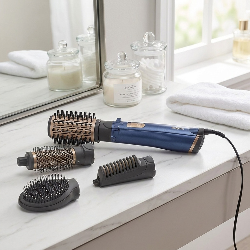 سشوار برسدار چرخشی 1000 وات بابیلیس مدل Style pro 1000، موتور DC، وزن 280 گرم، المنت سرامیک، دارای سری متمرکزکننده باریک با ویژگی صافکنندگی، فرکنندگی، با قابلیت باد سرد، فناوری تولید یون