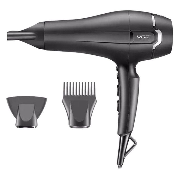 سشوار حرفهای 2400 وات وی جی ار مدل V-450، موتور AC، وزن 950 گرم، دارای سری متمرکزکننده باریک، سری شانهدار با ویژگی صافکنندگی، حجمدهندگی، با قابلیت باد سرد