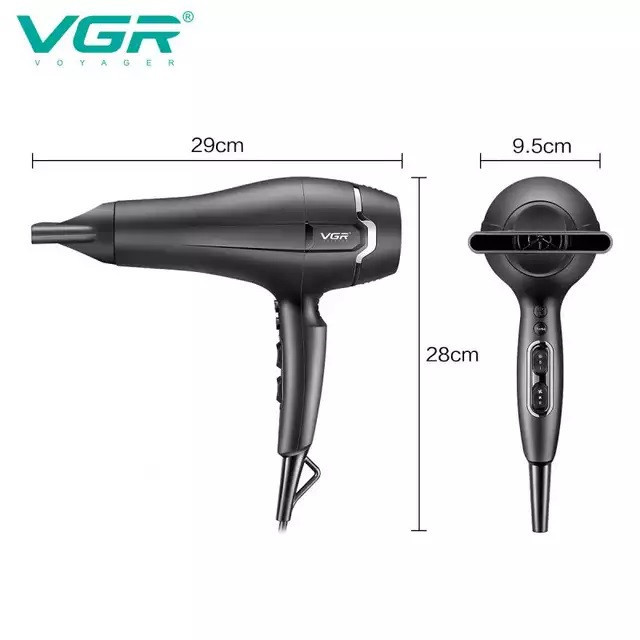 سشوار حرفهای 2400 وات وی جی ار مدل V-450، موتور AC، وزن 950 گرم، دارای سری متمرکزکننده باریک، سری شانهدار با ویژگی صافکنندگی، حجمدهندگی، با قابلیت باد سرد