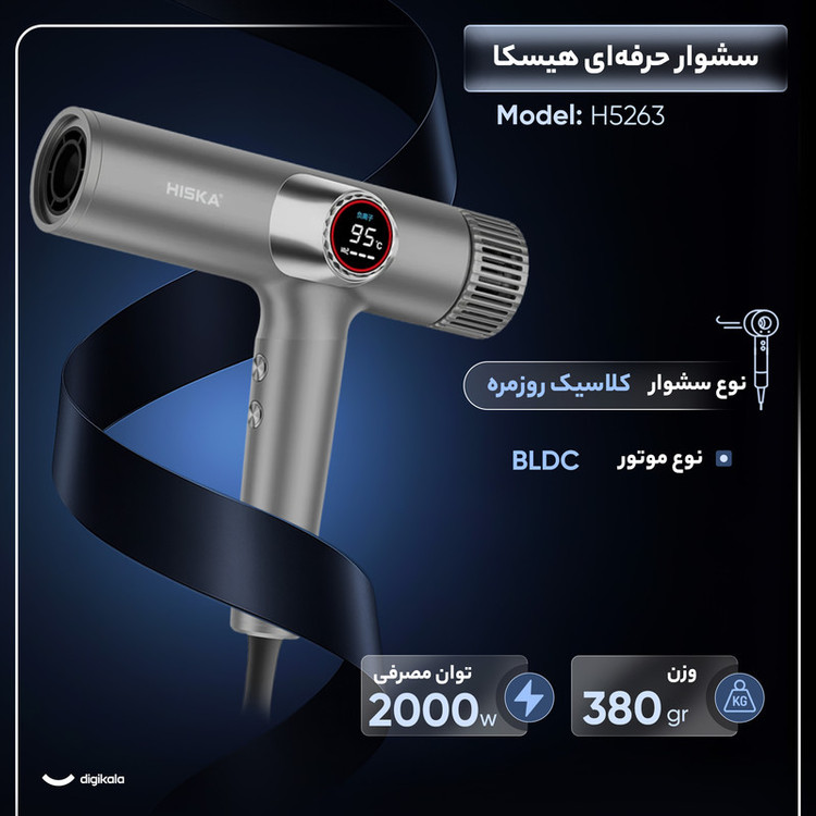 سشوار حرفهای هیسکا مدل H5263 با توان 2000 وات، موتور BLDC پرسرعت، نمایشگر LCD گرد، 9 حالت کاری، فناوری تنظیم دمای هوشمند، تولید 600 میلیون یون منفی، نازل و دیفیوزر مغناطیسی، طول کابل 3 متر