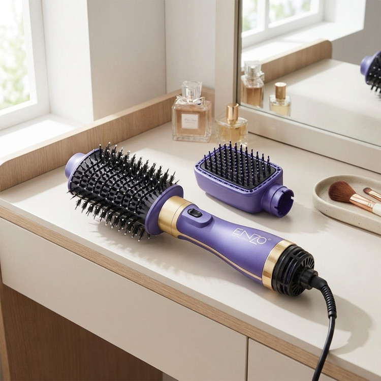 سشوار برسدار حالتدهنده انزو پروفیشینال مدل EN-4128 با توان 1200 وات، موتور DC، دو سری برس گرد و شانهدار، تنظیم دما و سرعت دو حالته، فناوری یونیک برای کاهش وز و افزایش درخشندگی مو، خشککن و حالتدهنده همزمان