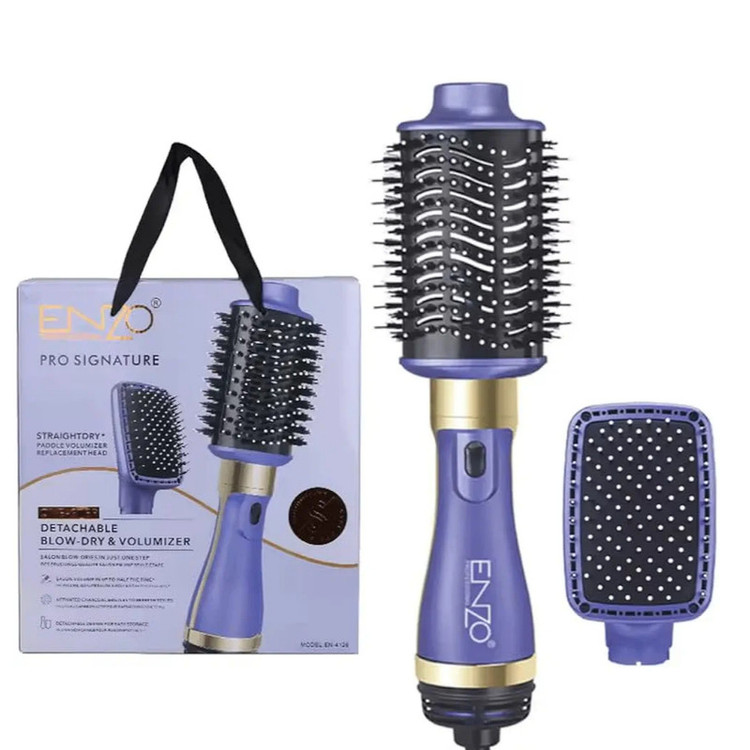 سشوار برسدار حالتدهنده انزو پروفیشینال مدل EN-4128 با توان 1200 وات، موتور DC، دو سری برس گرد و شانهدار، تنظیم دما و سرعت دو حالته، فناوری یونیک برای کاهش وز و افزایش درخشندگی مو، خشککن و حالتدهنده همزمان