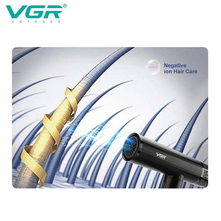 سشوار حرفهای 1600-1900 وات وی جی ار مدل V-427، موتور AC، وزن 550 گرم، المنت سرامیک، دارای سری دیسپانسر، متمرکزکننده باریک، متمرکزکننده پهن با ویژگی فرکنندگی، صافکنندگی، حجمدهندگی