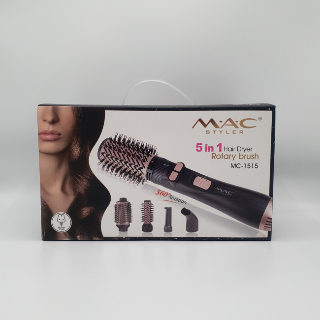 سشوار برسدار چرخشی 1200 وات مک استایلر مدل MC_1515، موتور DC، وزن 620 گرم، دارای سری چرخشی با ویژگی حجمدهندگی، فرکنندگی