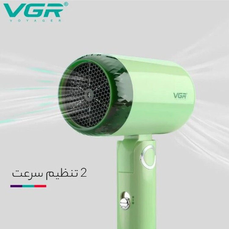 سشوار مسافرتی 1200 وات وی جی ار مدل 421، موتور DC، وزن 342 گرم، دارای سری متمرکزکننده باریک با ویژگی صافکنندگی، با قابلیت باد سرد